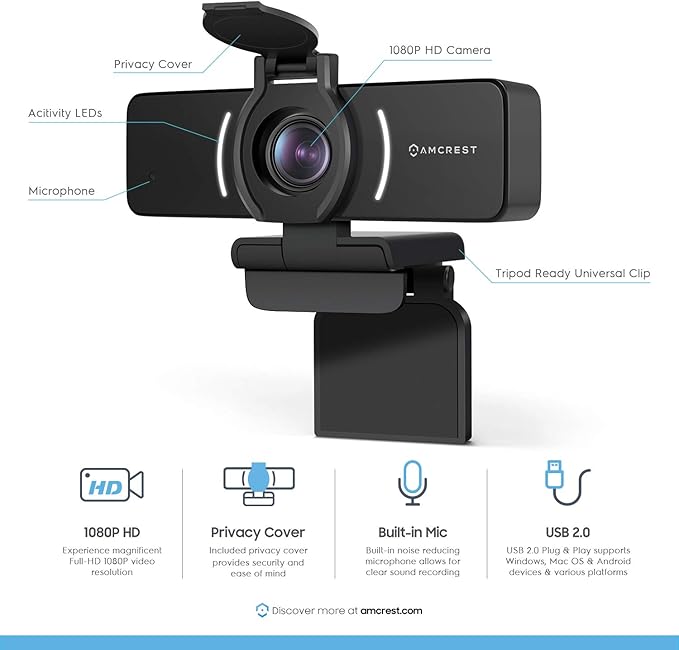 Amcrest 1080P Webcam with Microphone & Privacy Cover, Web Cam USB Camera, Computer HD Streaming Webcam for PC Desktop & Laptop w/Mic, Wide Angle Lens & Large Sensor for Superior Low Light (AWC205)