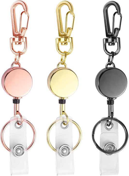 bolimoss Retractable Badge Holder ID Carabiner Badge Reels Cute Metal Retractable Key Ring for Name Card Keychains Women Men,3 Packs (Rose Gold,Gold,Black)