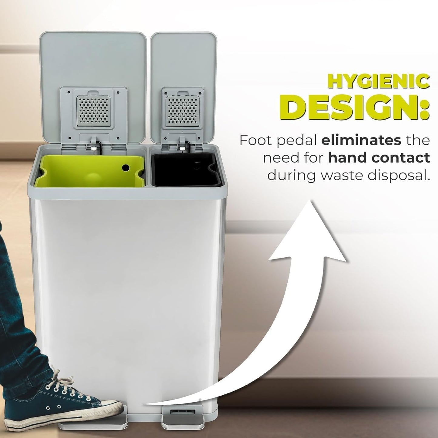 Simpli-Magic 60 Liter / 16 Gallon Rectangular Hands-Free Dual Compartment Recycling Kitchen Step Trash Can with Soft-Close Lid, Brushed Stainless Steel (38L x 22L Capacity)