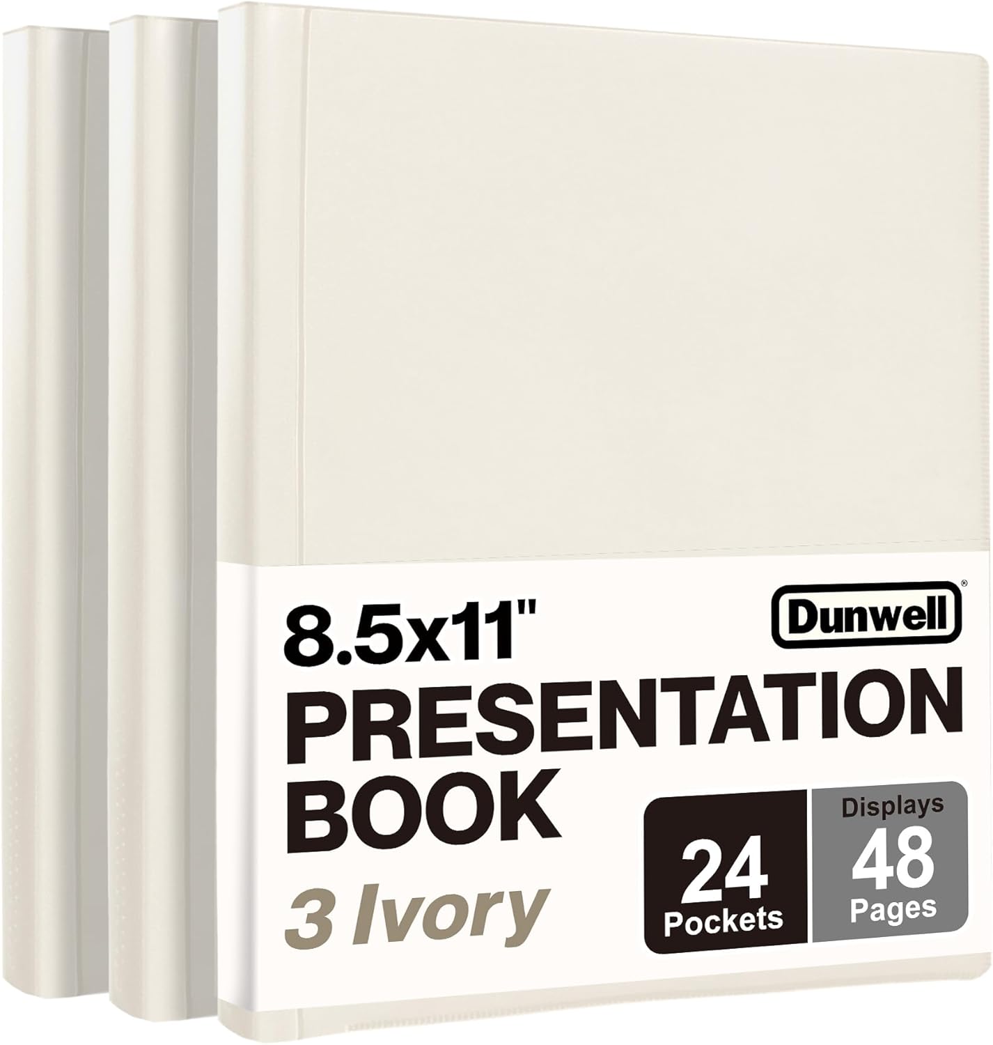 Dunwell Presentation Binder 24-Pocket, Displays 48 Pages, 8.5x11 Portfolio Binder with Plastic Sleeves, Storage and Organizer for Documents, Certificates, Projects, Photos (3 Pack, Ivory)