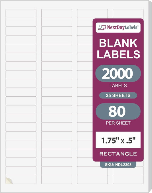 NextDayLabels – 1-3/4" x 1/2" Rectangular Sticker Labels for Printer - White Laser/Inkjet Printer Labels Return Address Labels Shipping Label Stickers (25 Sheets, 80 Per Sheet, 2000 Labels)