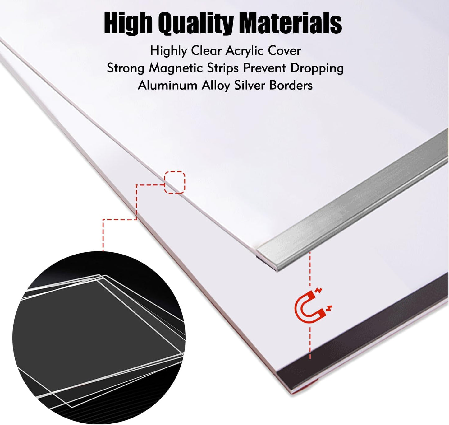 Acrylic Magnetic Sign Holder, Easy-Opening 8.5 x 11 Wall Mount Display Frames, Self Adhesive Back Plastic Clear Document Frame, Silver Aluminium Strips Frame (8.5 x 11, 3Pack)