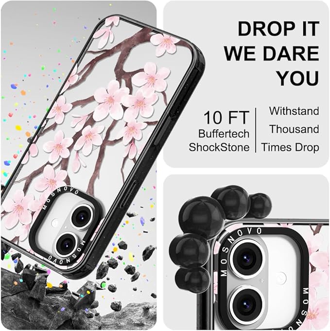 MOSNOVO Case for iPhone 16, [10ft 4X Military-Grade Drop Protection] Durable & Shockproof Phone Case Cover Design for iPhone 16 - Cherry Blossom - Clear Black