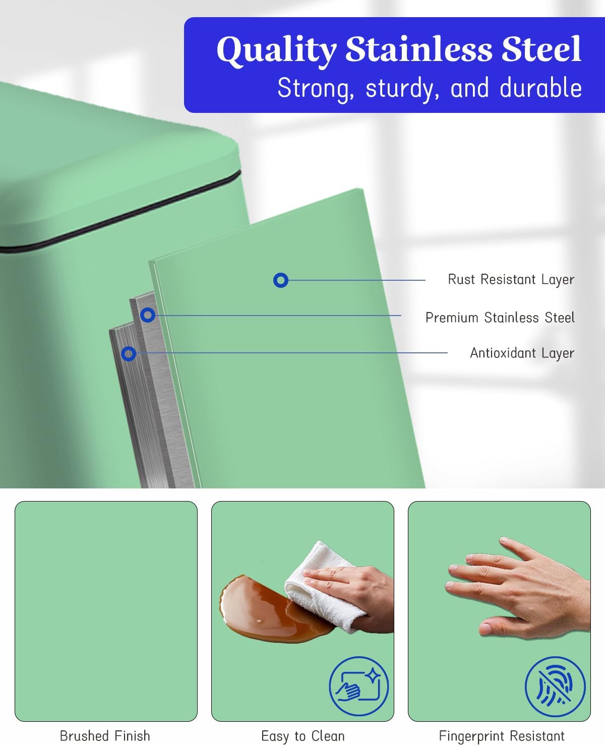 Bathroom Trash Can with Lid，5 Liter / 1.3 Gallon Small Trash Can with Removable Liner Bucket, Soft Close lid & Step Pedal, Stainless Steel Trash Bin for Bathroom,Bedroom,Home Office, Green