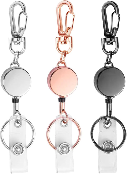 bolimoss Retractable Keychain, 3 Pcs Badge Reels for Name Card, Metal Badge Holders with Key Chain, Carabiner Badge Clip Key Ring (Silver, Rose Gold, Black)