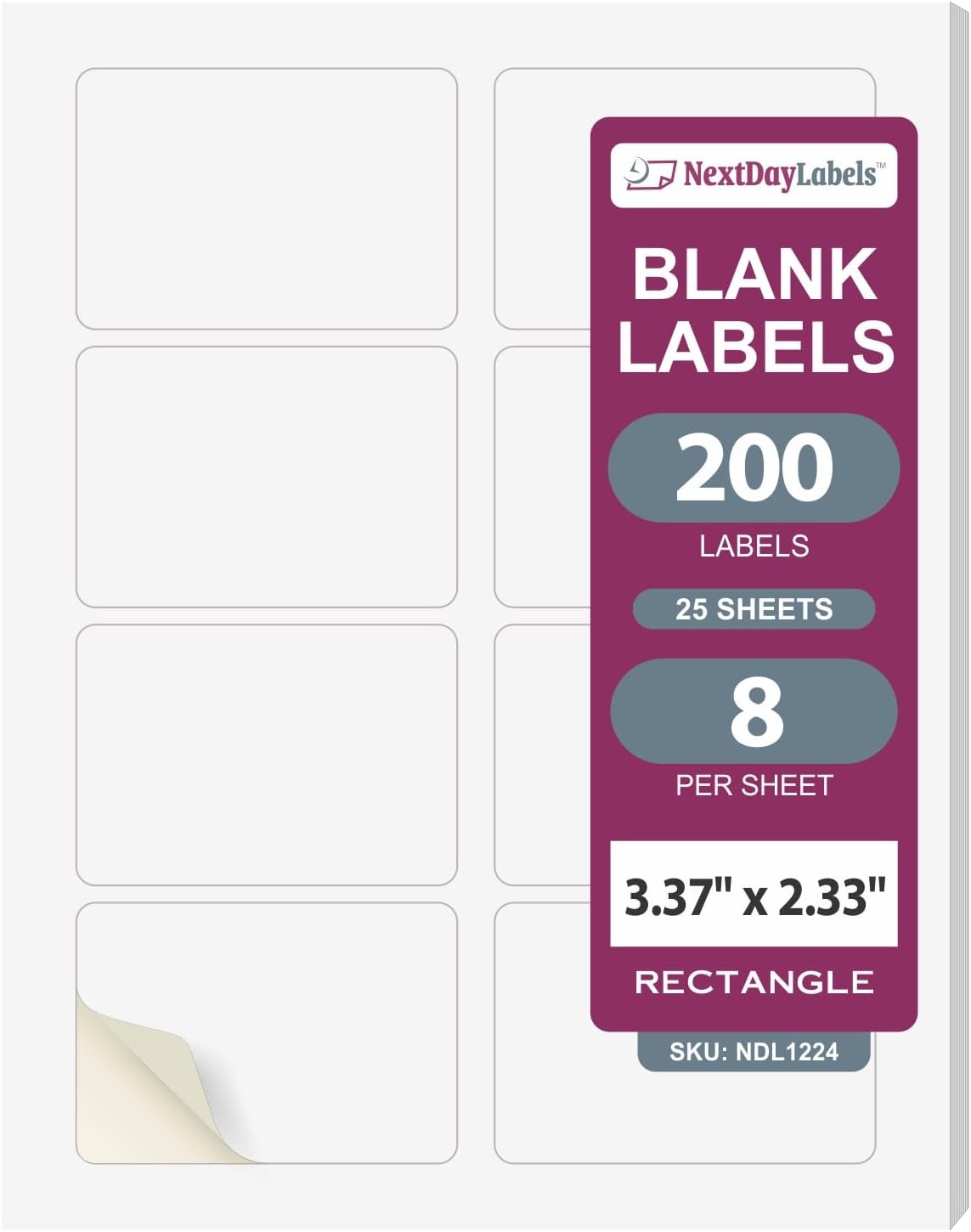 NextDayLabels – 3-3/8" x 2-1/3" Rectangular Sticker Labels for Printer - White Laser/Inkjet Printer Labels Return Address Labels Shipping Label Stickers (25 Sheets, 8 Per Sheet, 200 Labels)