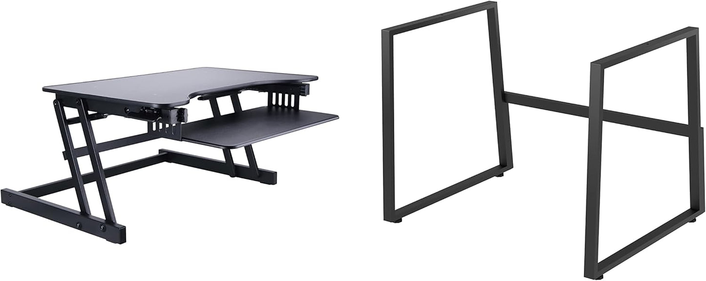 Rocelco 32" Height Adjustable Standing Desk Converter with Floor Stand Bundle - Slide Out Retractable Keyboard Tray - Sit Stand Up Dual Monitor Riser - Computer Workstation - Black (R ADRB-STFS)