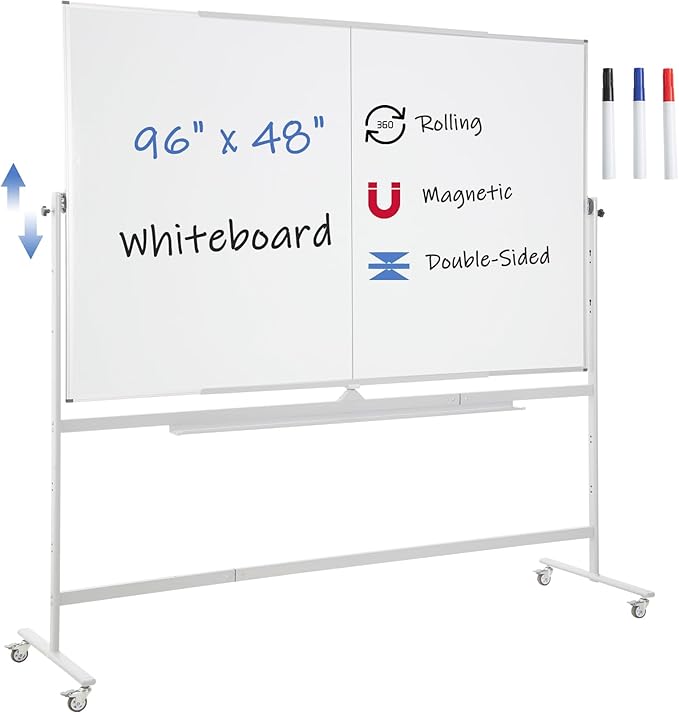 FORTUNO Large Magnetic Mobile Whiteboard 96"x48", Rolling Double Sided Stand Whiteboard on Wheels, Reversible Adjustable Height/Angle Dry Erase Board 8' x 4' Easel White Board for Office Classroom