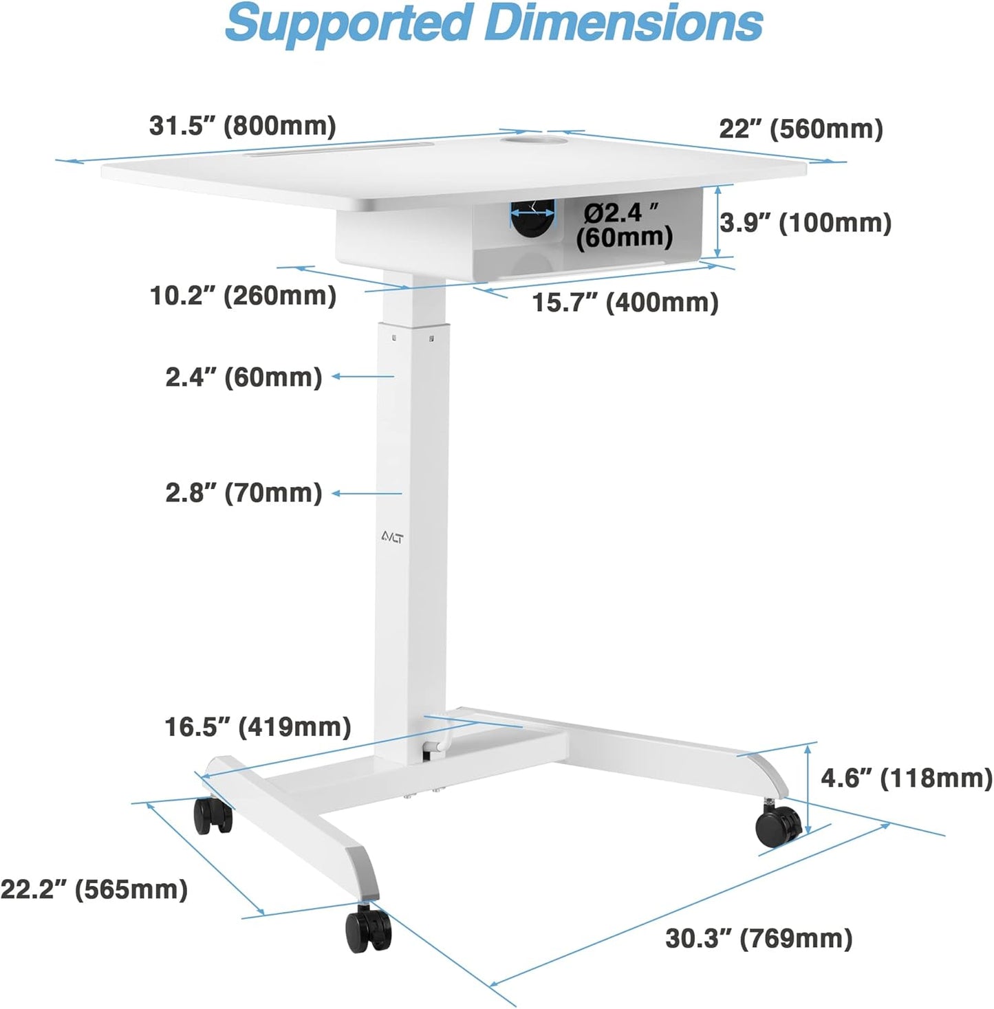 AVLT 44" Height Adjustable Foot Pedal Rolling Desk with Shelf (3 ft 8 inches) - Pneumatic Laptop Standing Desk Cart - Mobile Laptop Cart - White Computer Projector Cart with Brake Casters