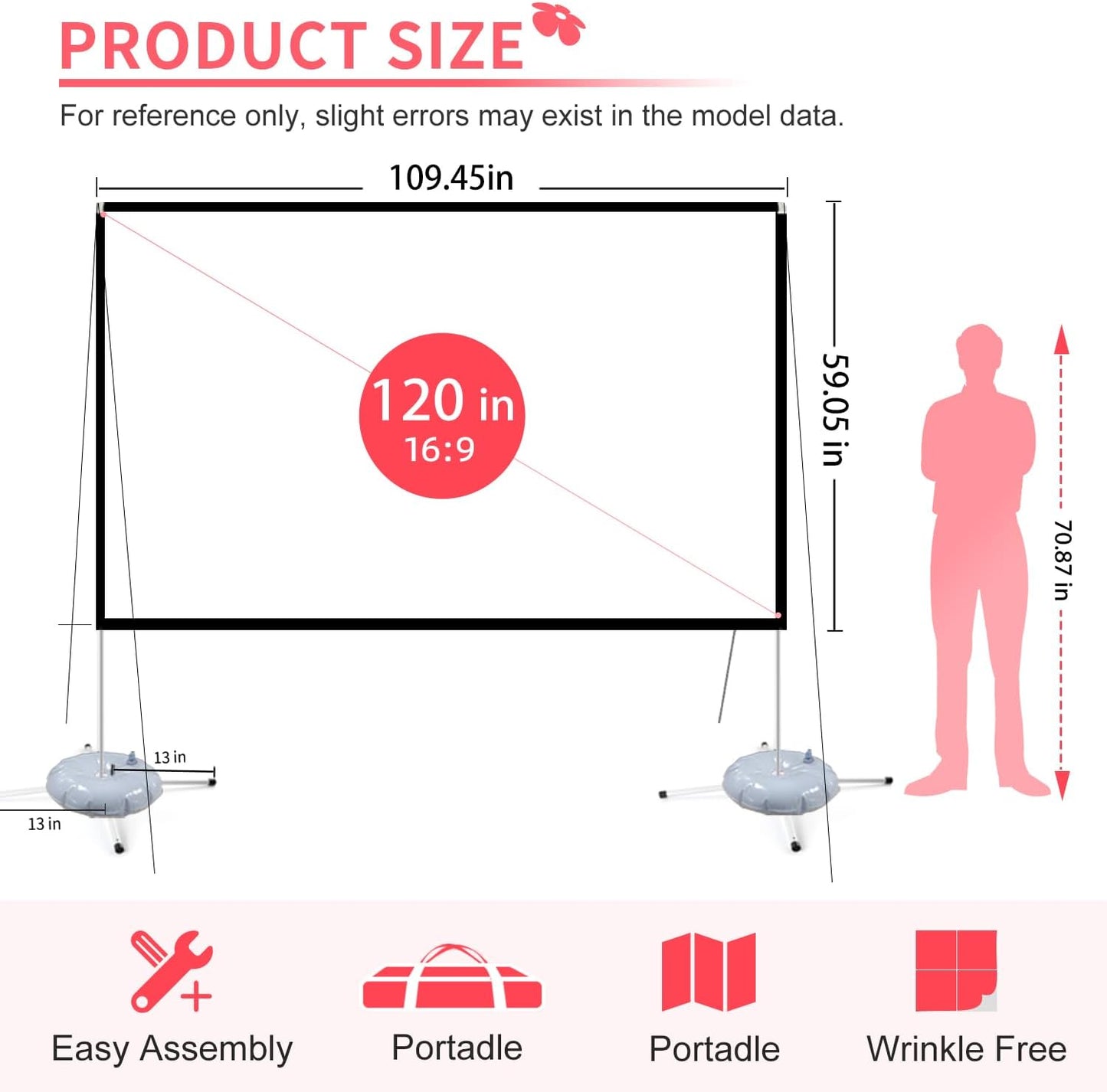 Projector Screen with Stand 120 inch: Foldable and Portable Projection Screen 16:9 4K HD Wrinkle-Free Lightweight Movie Screen with Carry BagHome Theater Backyard Cinema