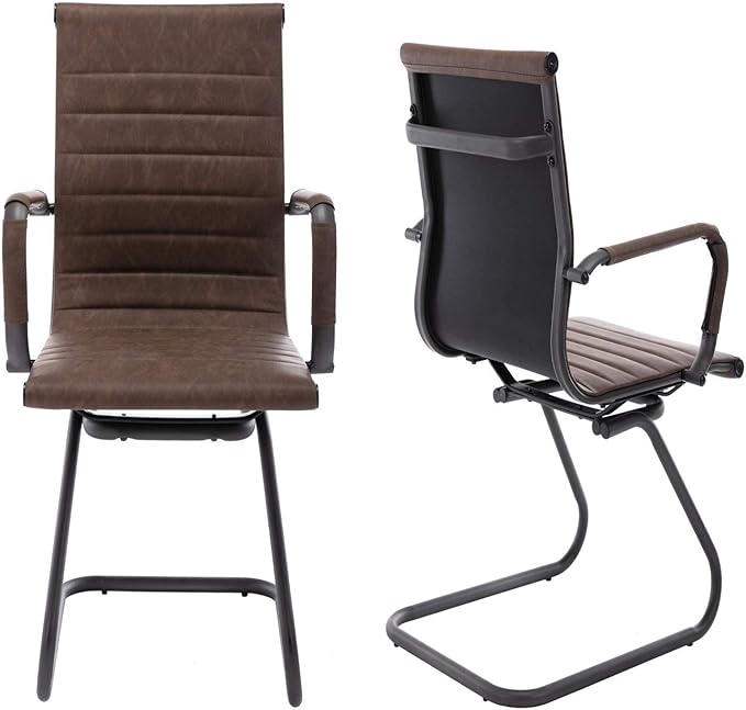 Office Desk Chair No Wheels Set of 4 PU Leather Computer Chairs Mid Back Guest Chairs for School Reception Conference Waiting Room, Vintage Brown