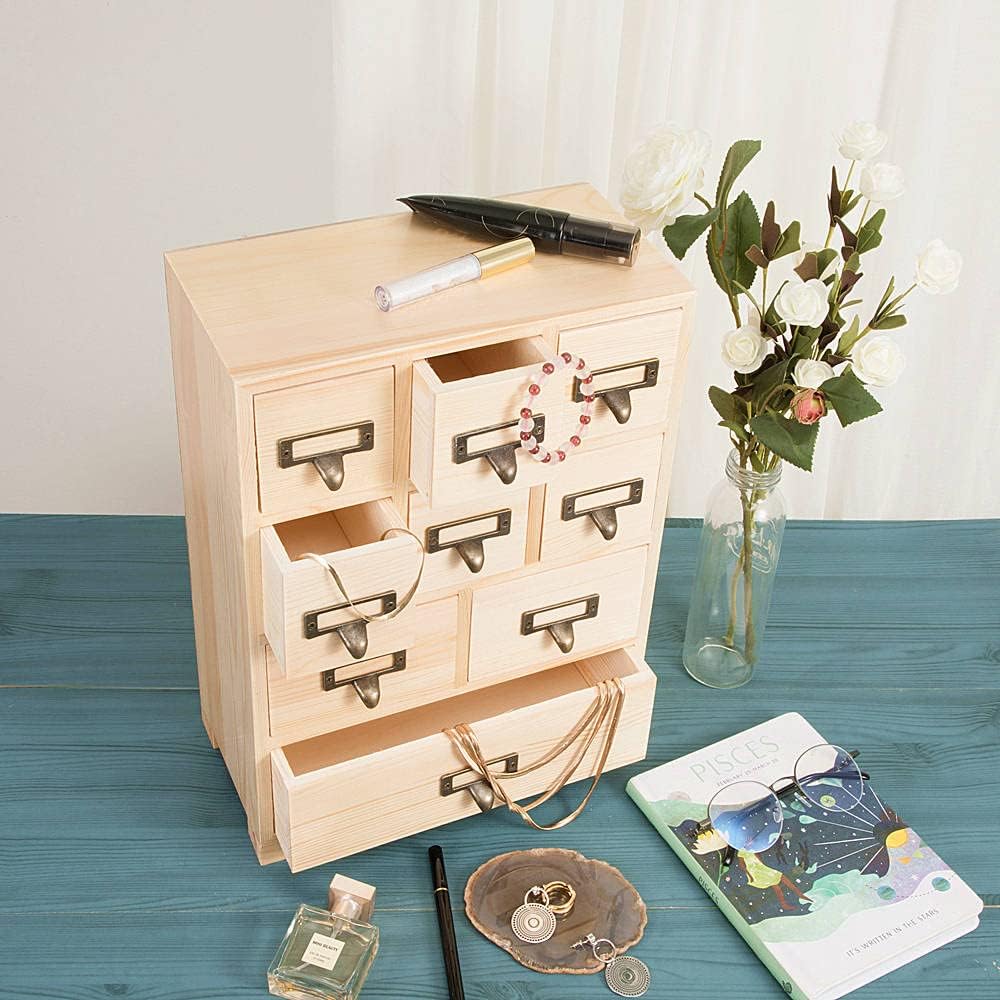 Apothecary Cabinet with 9 Drawers & Labels Rustic Library Card Catalog Cabinet Desktop Wooden Storage Box for Organize Herbal、Tea Bag、Jewelry (Wood)