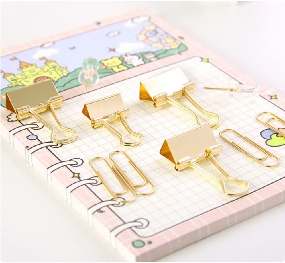 10 Pack, Gold Paper Clips and Binder Clips Set, Metal Assorted Sized Binders with Push Pins, Cute Gold Office Supplies for Desk, Desk Accessories