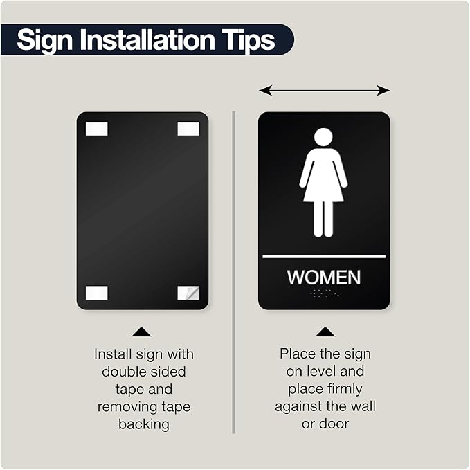 ADA Braille Womens Restroom Sign for Business with Double Sided 3M Tape - ABS Plastic Womens Bathroom Sign 9” x 6” for Offices and Restaurants