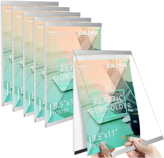 Acrylic Magnetic Sign Holder, Easy-Opening 8.5 x 11 Wall Mount Display Frames, Self Adhesive Back Plastic Clear Document Holder, Silver Aluminium Strips Frame (6Pack)