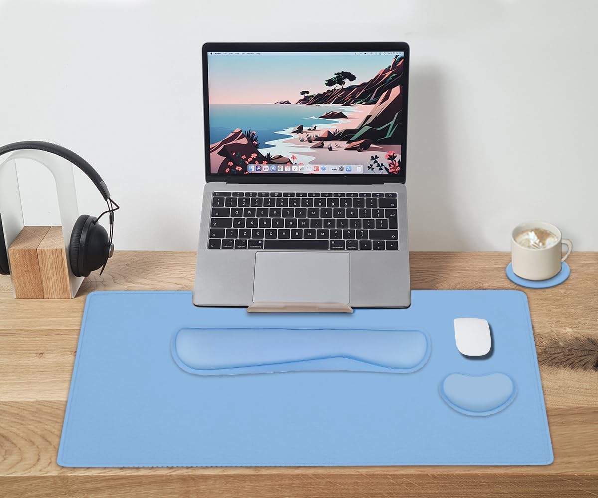 Large Keyboard Mouse Pad Set, Extended Mouse Pad+Keyboard Wrist Rest Support, Memory Foam Ergonomic Easy Typing, 4Pcs (35.4×15.14 in) Desk Pad Set for Home Office Study Game - Blue