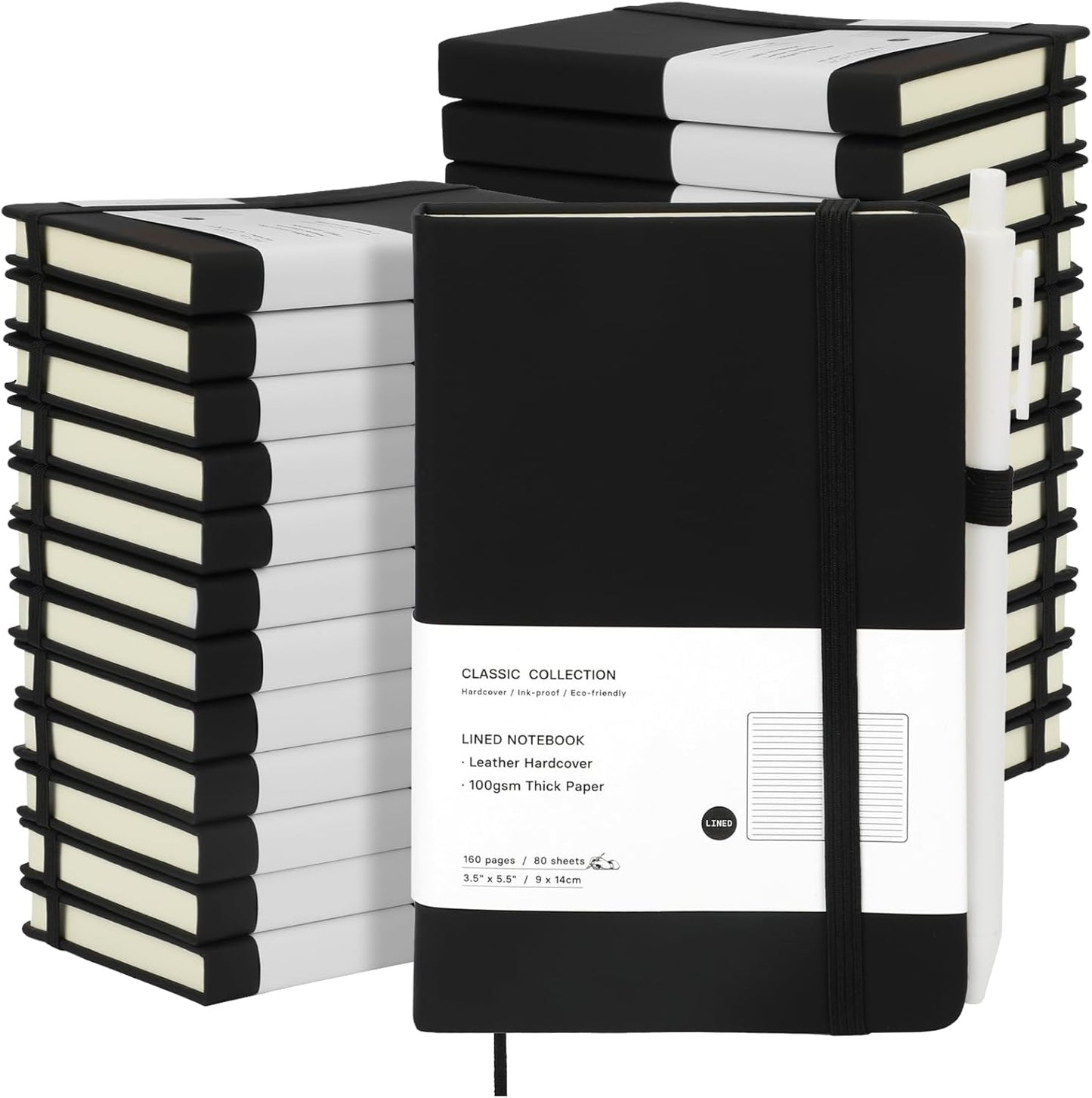 Coopay 24 Pack A6 Pocket Small Notebook with 24 White Pens Bulk Classic Hardcover Leather Journal Set with Pen Holder for Men Women Writing, Office, Home, School, Business, 100GSM, 3.5” x 5.5”, Black