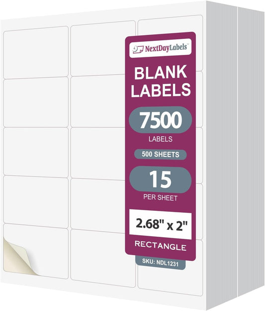 NextDayLabels – 2"-11/16 x 2 Rectangular Sticker Labels for Printer - White Laser/Inkjet Printer Labels Return Address Labels Shipping Label Stickers (500 Sheets, 15 Per Sheet, 7500 Labels)