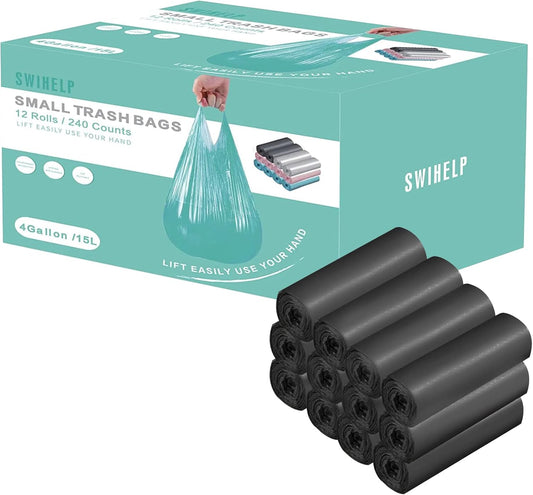 Small Trash Bags 240 Count Garbage Bags SWIHELP Waste Basket Liners for Bathroom, Kitchen,Bedroom, Office Pet Car 15 Liter Trash Can 4 Gallon
