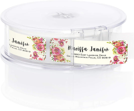 Vibrant Floral and Ivory Rolled Address Labels/Roll of 250 Personalized Address Labels/Designer Return Address Stickers in Elegant Plastic Dispenser