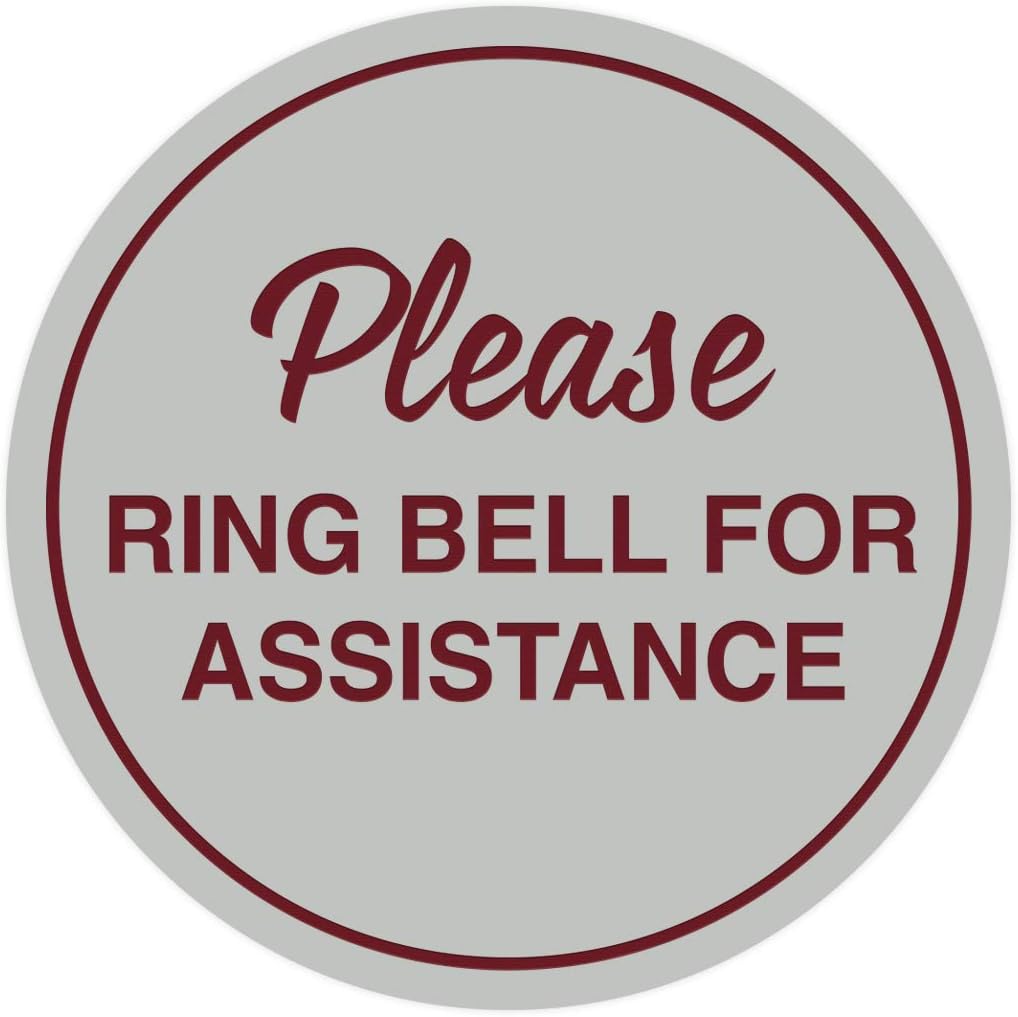 Signs ByLITA Circle Please Ring Bell For Assistance Wall or Door Sign | Easy Installation | Front Desk Reception Sign (Light Grey/Burgundy) - Medium (10 Pack)