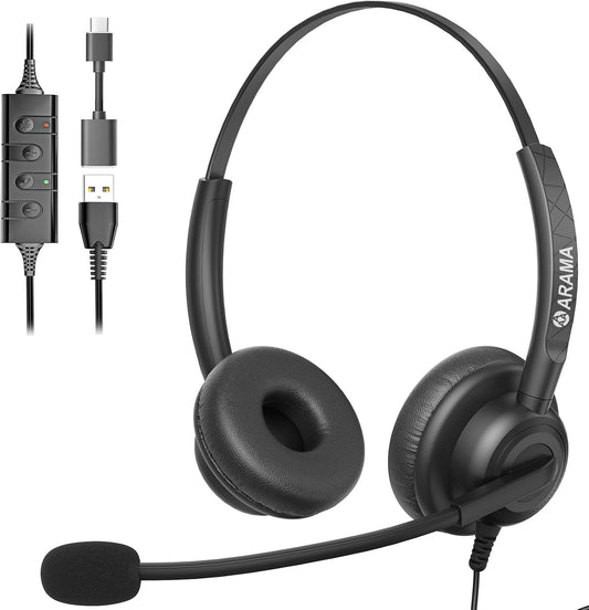 Arama Headset with Microphone for Pc, USB Headset with Noise Canceling Microphone for Laptop, Wired Computer Headset with Mute for Home Office Online Class Skype Zoom Meetings (USBA+USBC, Black)