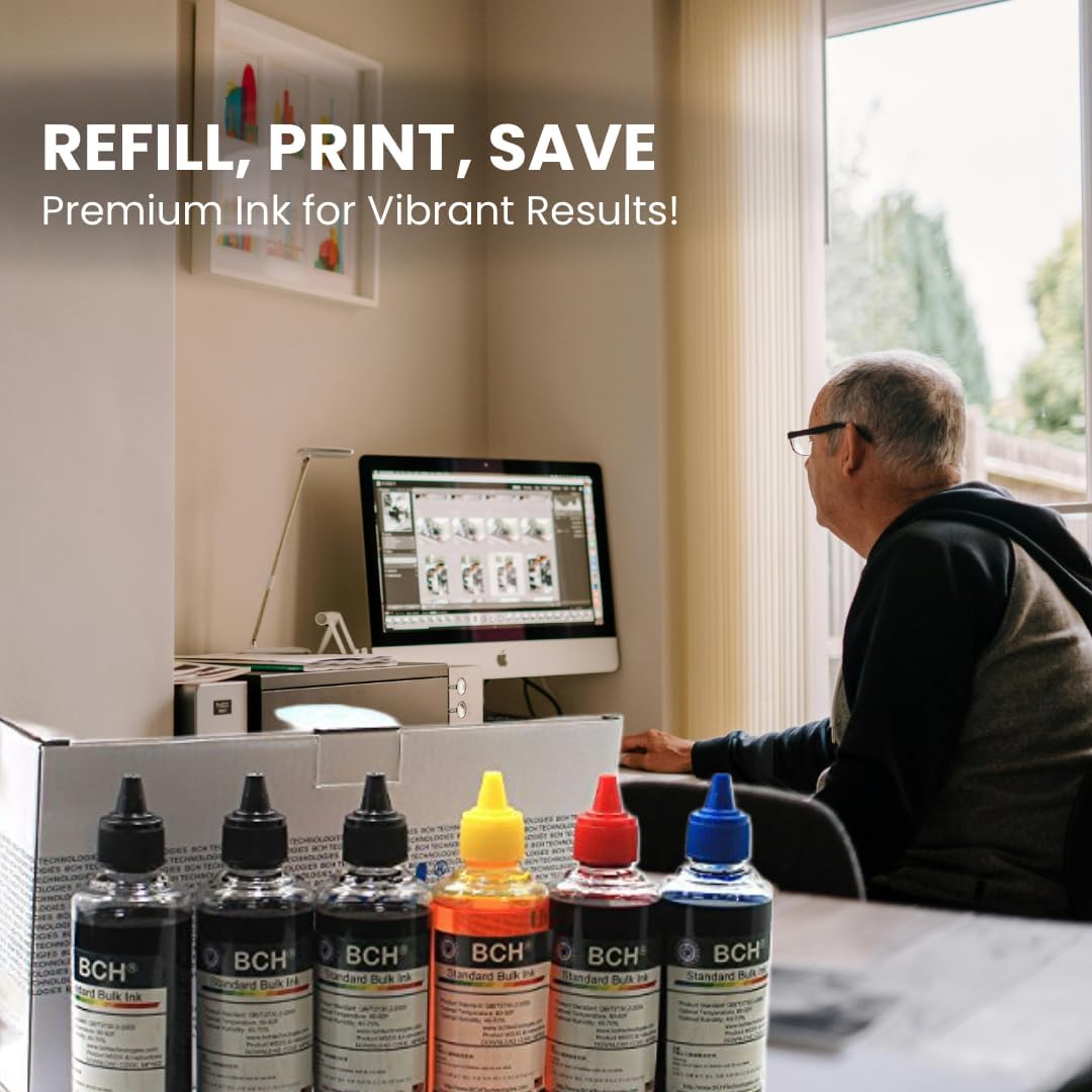 BCH 600ml Printer Ink Refill Kit for Canon Inkjet Printers - Compatible with PG-240 243 245 CL-241 244 246 XL Refillable Ink Cartridges - 6 Bottles x 100ml Bulk Ink Printer Refill