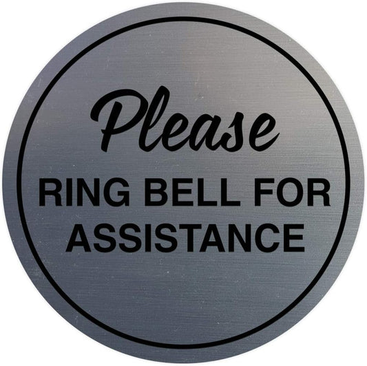 Signs ByLITA Circle Please Ring Bell For Assistance Wall or Door Sign | Easy Installation | Front Desk Reception Sign (Brushed Silver) - Large (2 Pack)