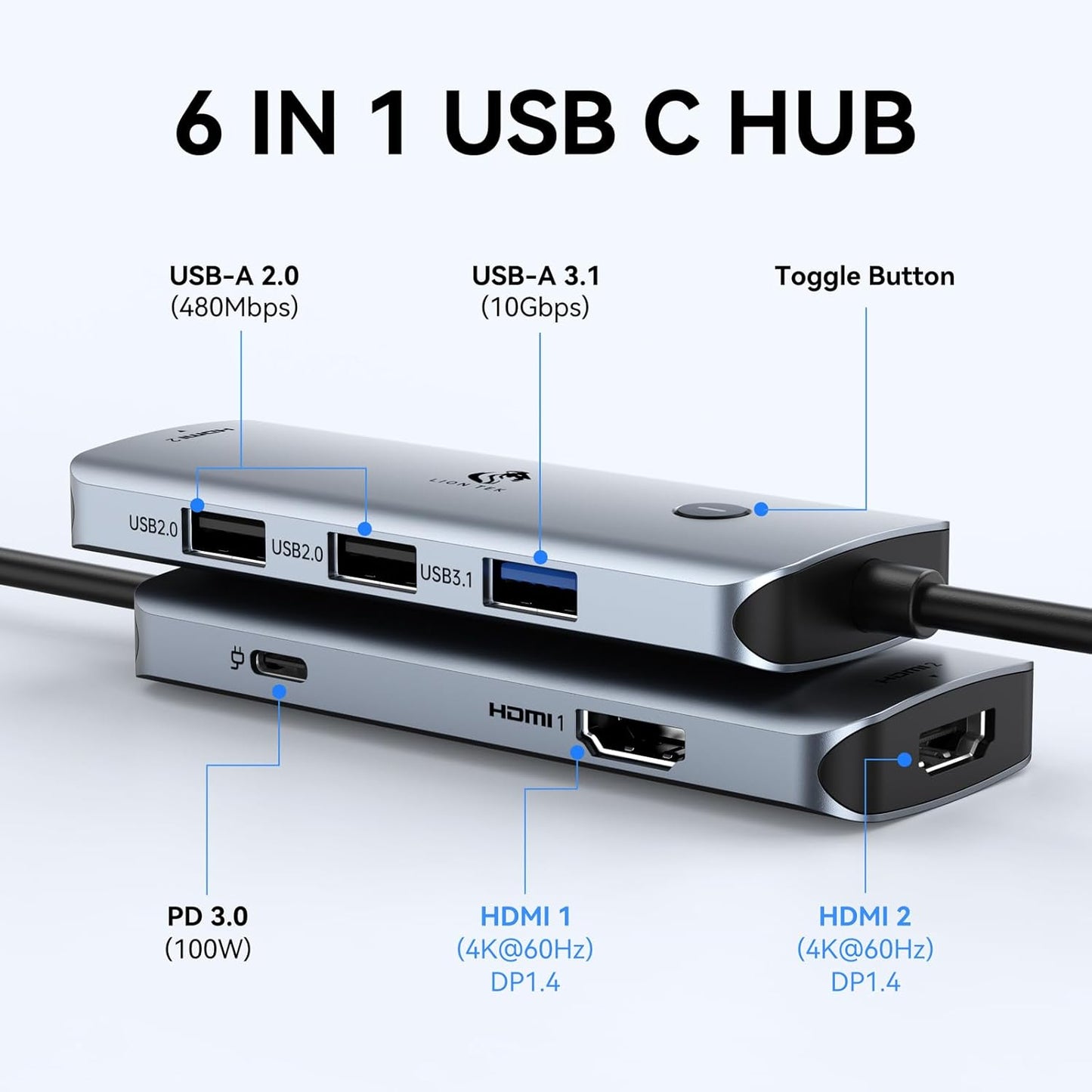 USB C Docking Station Dual Monitor, LIONWEI Laptop USBC Dock Multiport Adapter with 2 4K HDMI, 3 USB-A/3.0/2.0, 100W Power Delivery, 6-in-1 for MacBook/Surface/Lenovo/Dell/HP