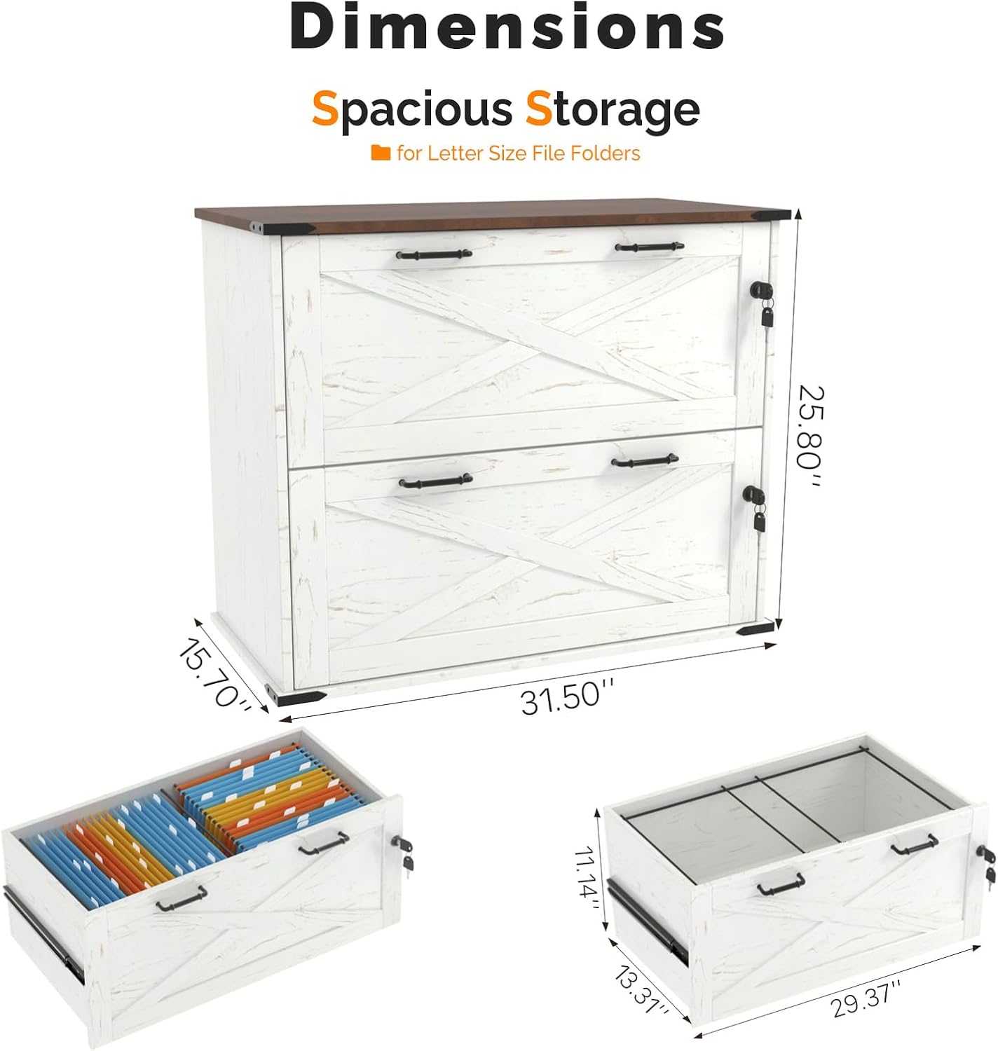 VINGLI 2 Drawer File Cabinet with Lock, Home Office Filing Organizer, for Letter Legal A4 Size File Folder Storage, Modern Farmhouse, Wood Lateral Filing Cabinet, Archivador (Rustic White & Brown)