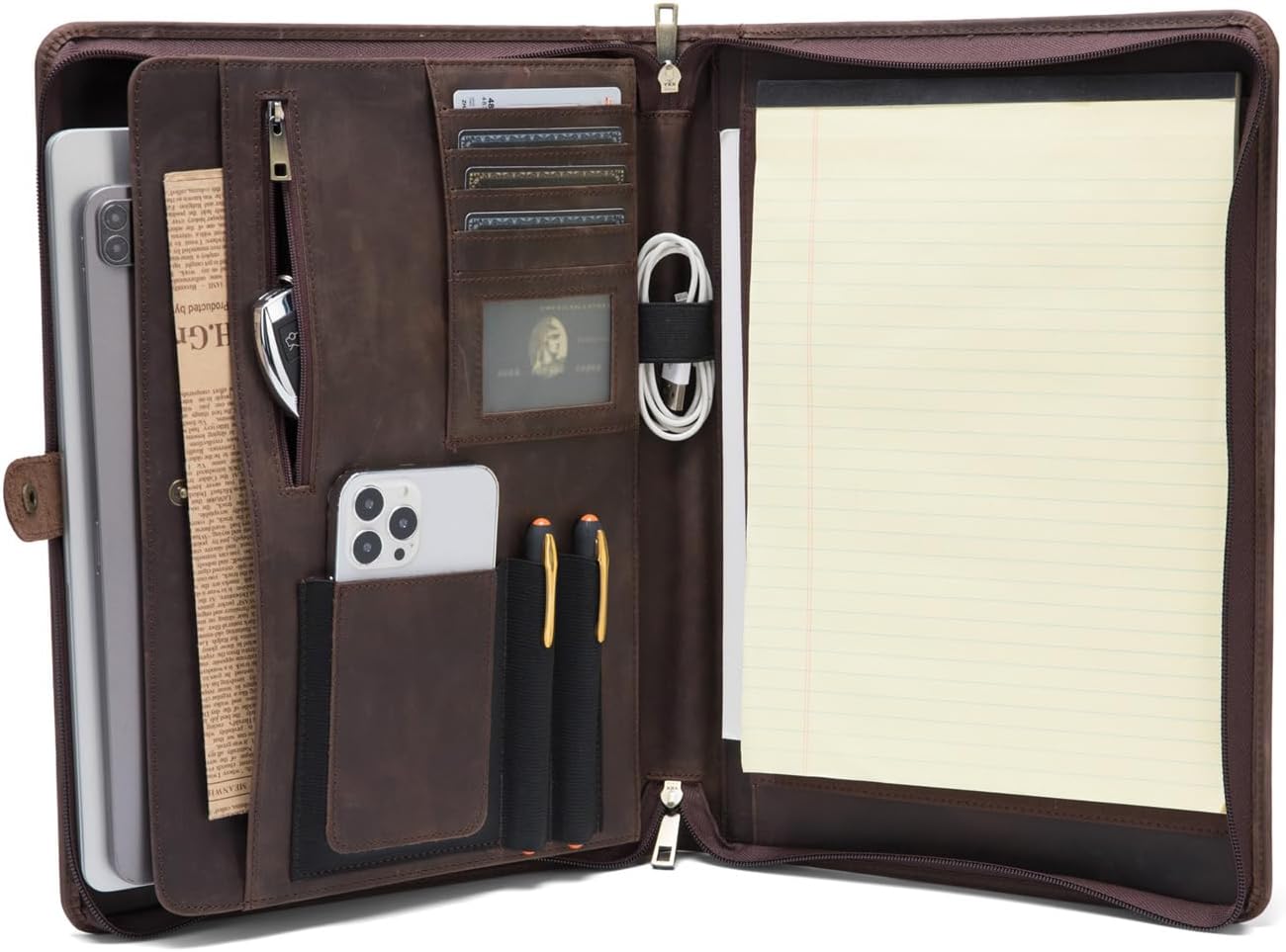 Genuine Leather Portfolio, Legal Size 8.5 x 14 Pad Holder, Business Padfolio for Men and Women, Zippered Laptop Organizer, Executive Professional Work Travel Notepad Folio, Dark Khaki