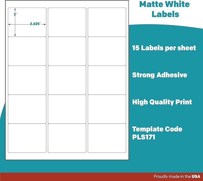 Premium Label Supply White Sticker Labels – 2.625" x 2" – Laser/Inkjet Compatible – (15 per Sheet), 500 Sheets – 7,500 Total Adhesive Labels