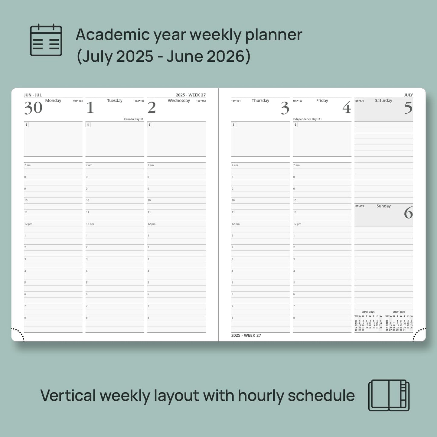 POPRUN Planner 2025-2026 (Large - 8.5'' x 10.5'') Academic Weekly Calendar (July 2025 - June 2026) with Hourly Time Slots, Monthly Tabs, 100GSM Thick Papers, Leather Soft Cover - Blue Green