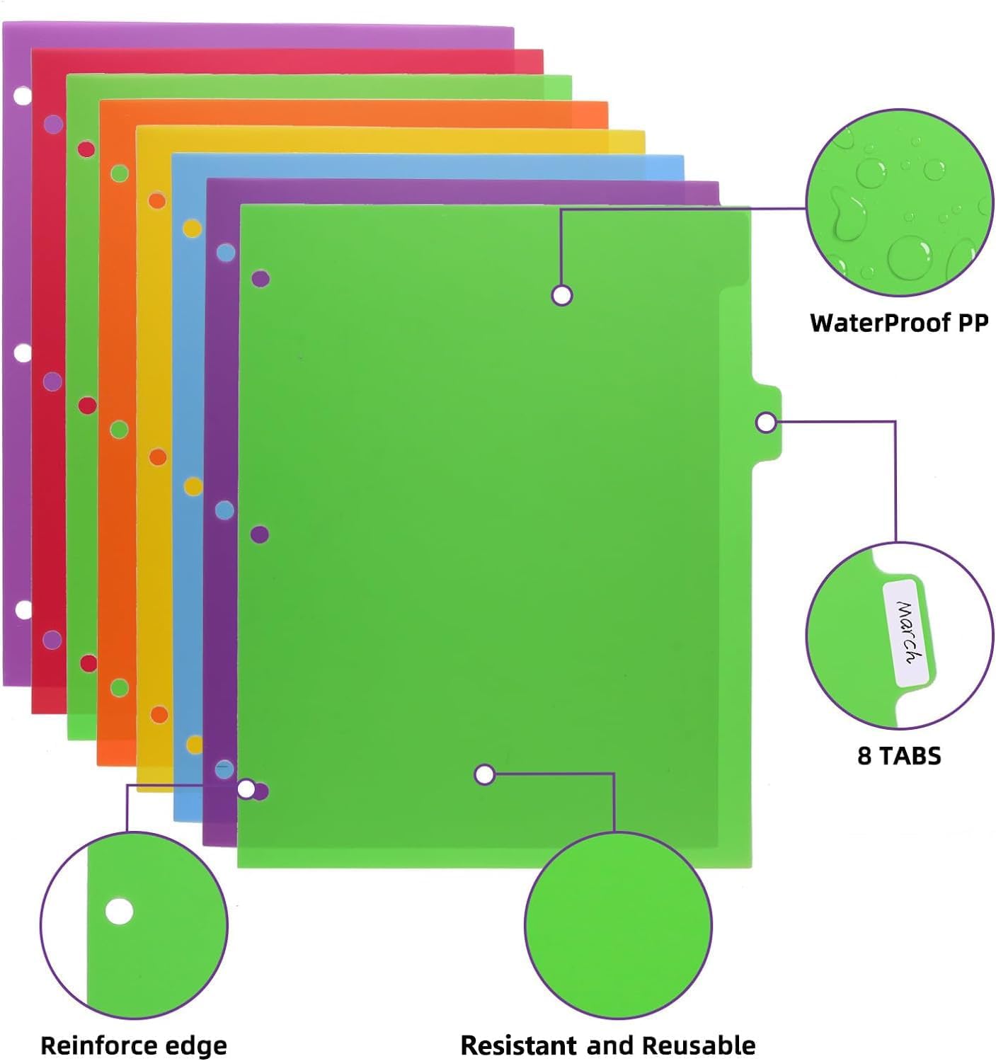 3 Set Plastic Binder Dividers with Tabs,Multicolor Index with 8-Tabs,Divider for 3 Ring Binder
