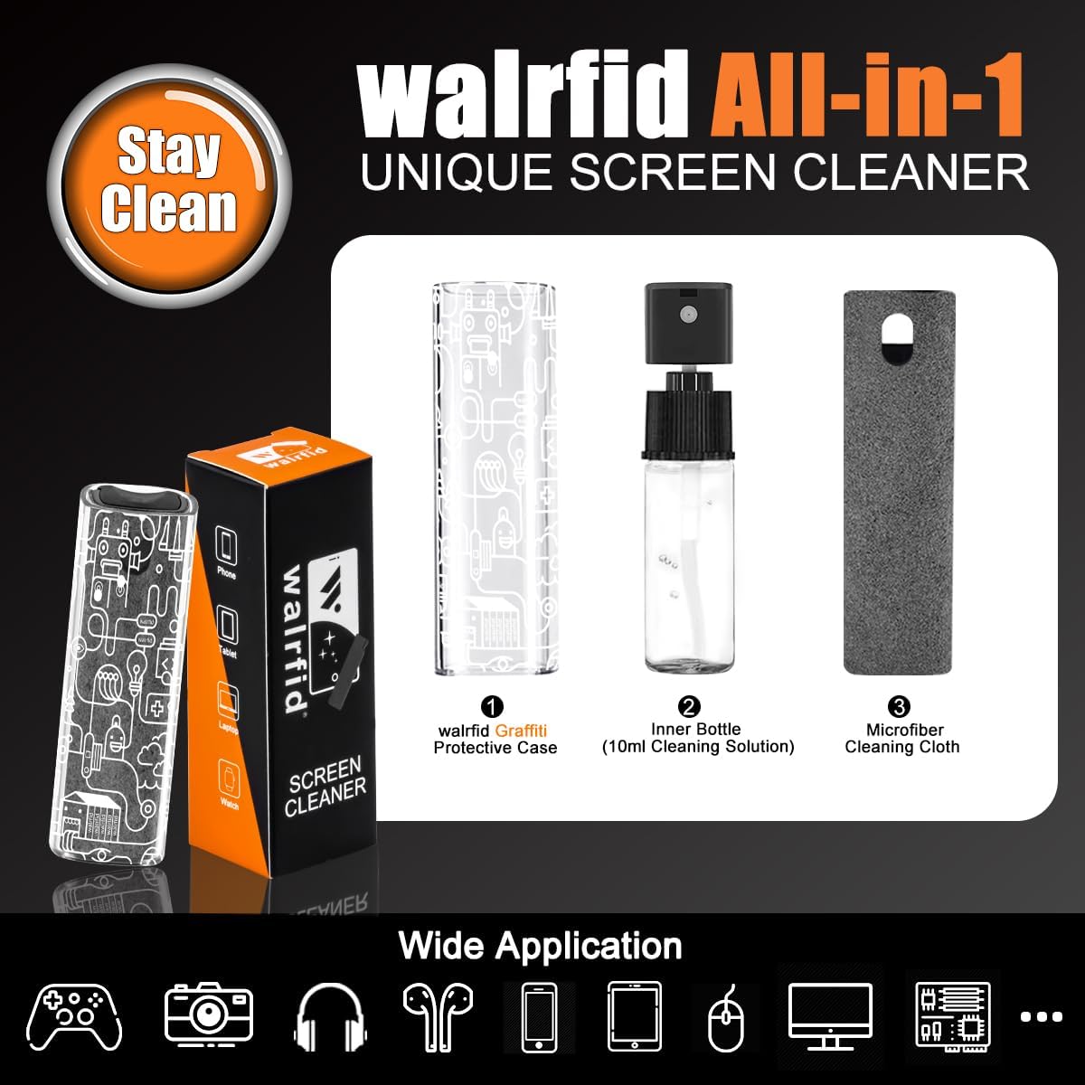walrfid Car Screen Cleaner Spray and Wipe, Laptop Touchscreen Mist Cleaning Kit for Electronics Computer, iPad, CellPhone, MacBook, TV, Monitor, Tablet, Kindle Display, with White Graffiti Case - Grey