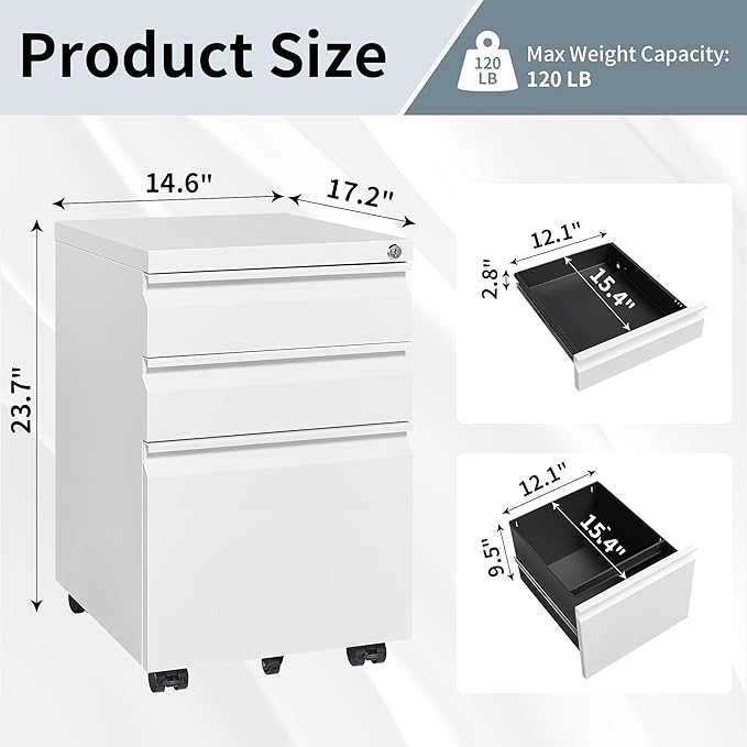 Mobile File Cabinet for Home Office, Lockable 3 Drawer Filing Cabinet with Wheels for A4-Size/Letter-Size/Legal-Size, Fully Assembled Except Casters, White