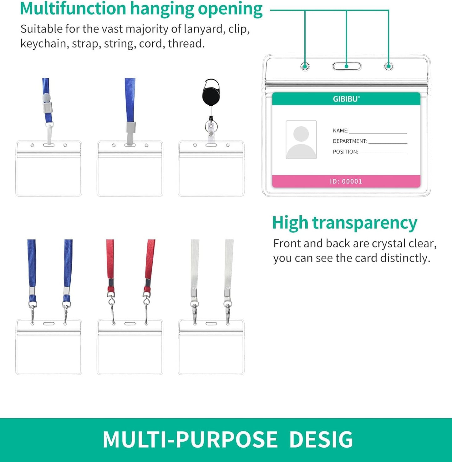 50 Pcs Horizontal ID Badge Holder, Clear Plastic Card Sleeve, Nurses Work Name Tag Holders, Key Cover Protector with Waterproof Zip for Lanyard, Fits Credit Size Cards