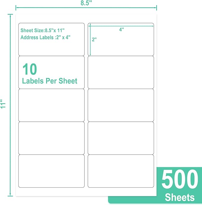 L LIKED 2" x 4" Label Stickers, Printable White 500 Sheets for Laser/Inkjet Printing - Matte White, 10 per Sheets (5000 Labels)