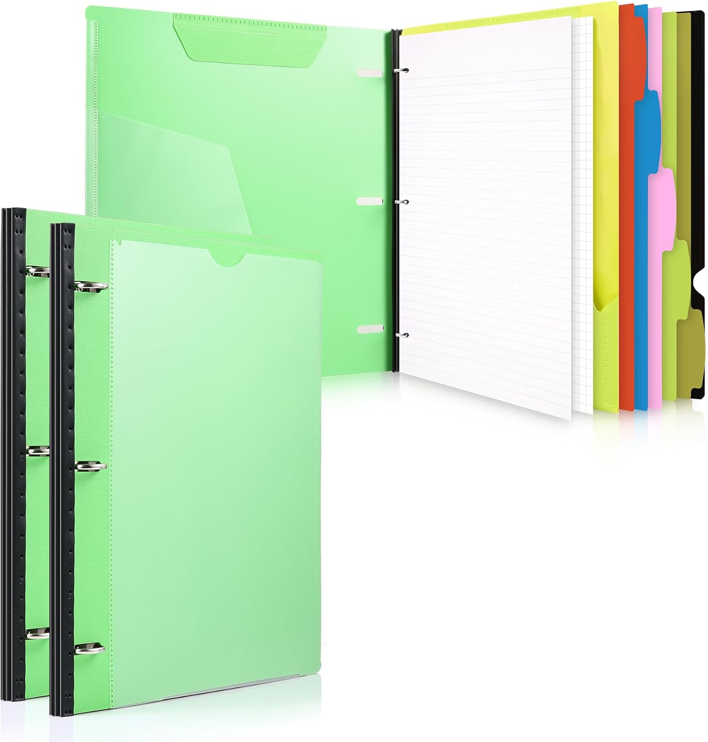 WOT I 2-Pack Telescoping 3 Ring Binder Notebooks - Customizable Cover, 5 Dividers & Pocket Folder in One Slim Organizer (60 Sheets Included), Green