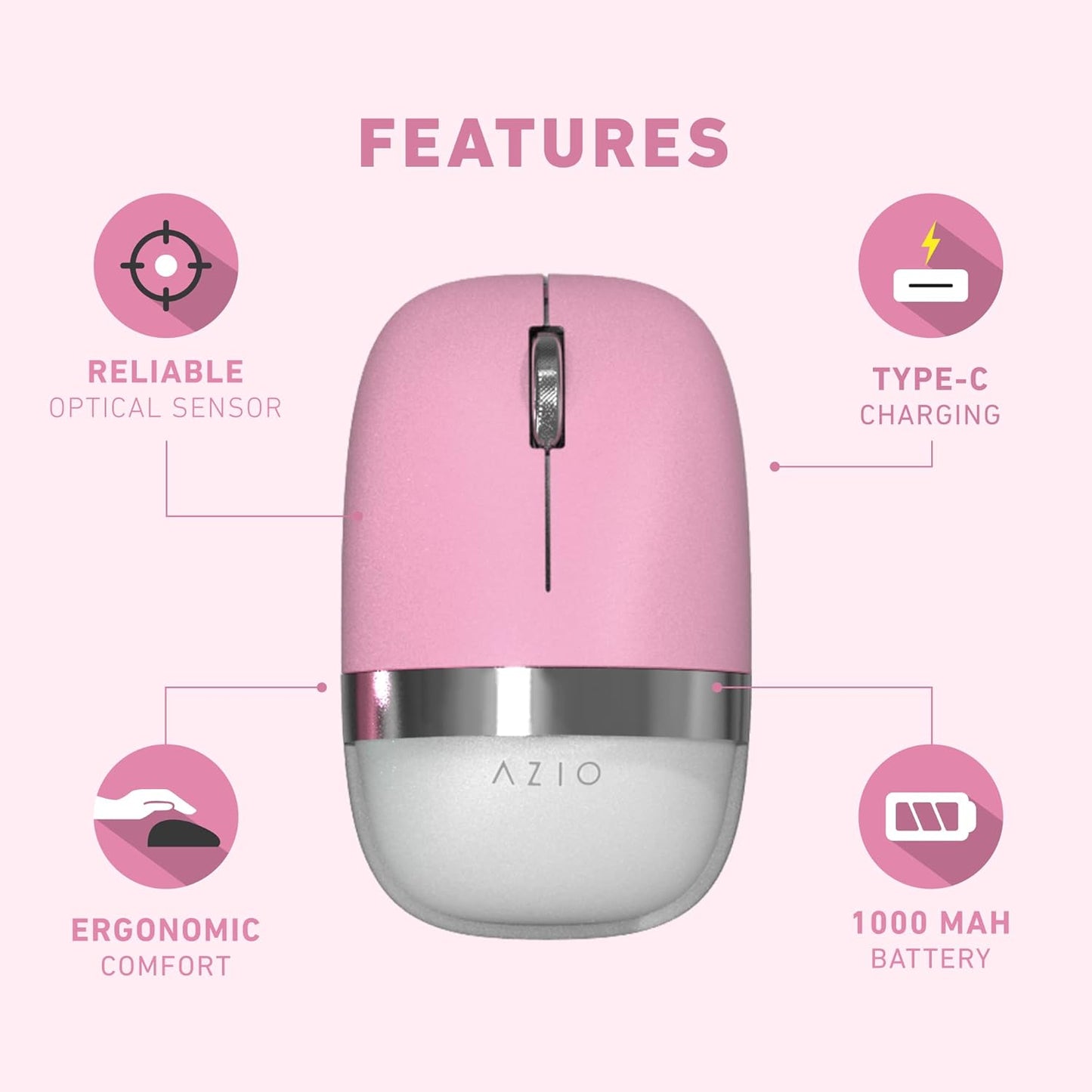 Azio IZO Wireless Optical Mouse - Bluetooth 3.0 & 5.0/2.4G RF-USB, Ambidextrous Design, PixArt PAW3212 Sensor, 1000/1600/2400 DPI, Rechargeable, PC & Mac