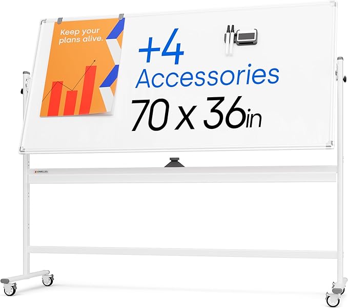 Rolling Dry Erase Board 70 x 36 - Large Portable Magnetic Whiteboard with Stand - Double Sided Easel Style Whiteboard with Wheels - Mobile Standing White Board for Office, Classroom & Home