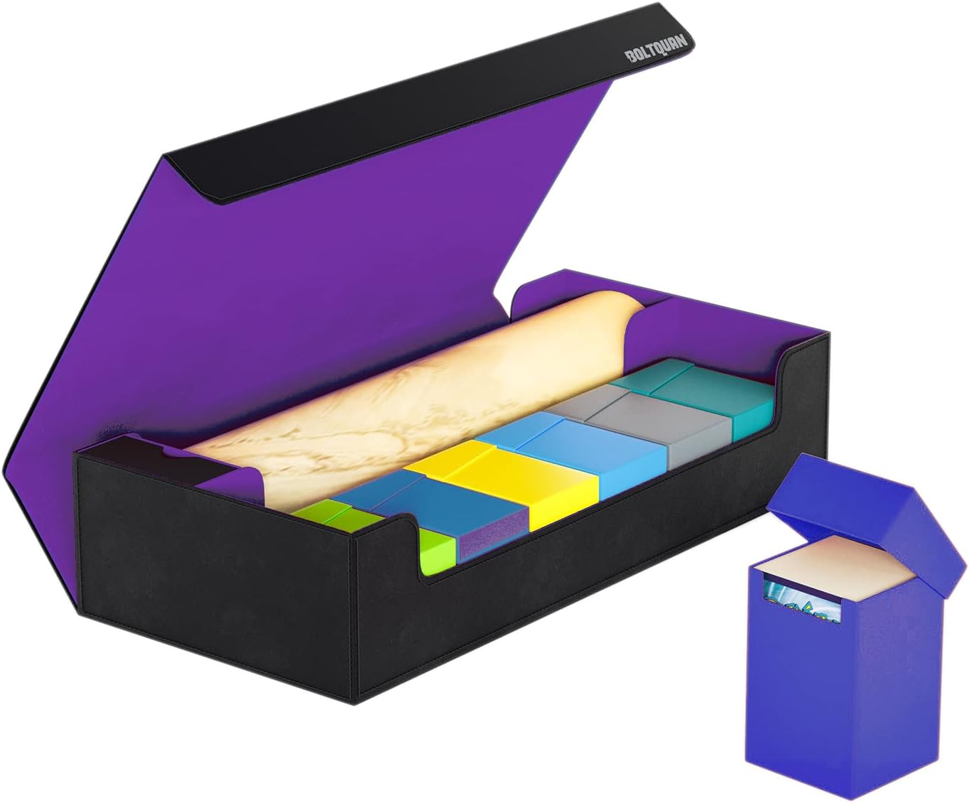 Premium Black-Purple Card Game Deck Storage Box - Holds 550+ Double Sleeved Cards - YugiOh/MTG Card Holder Storage - Playmat Case with Removable Compartment