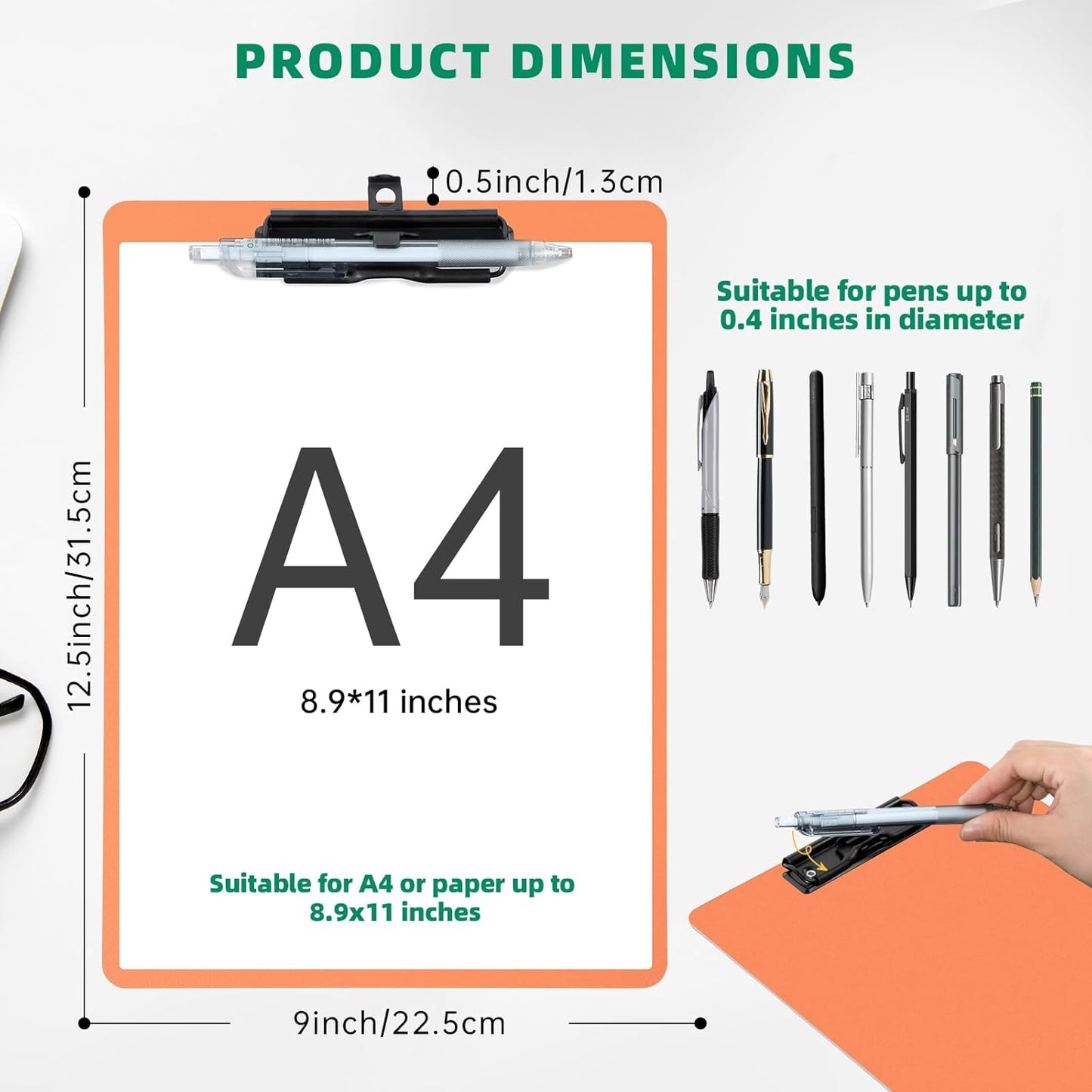 Orange Clipboard with Pen Holder, Set of 6 Plastic Clipboard with Low Profile Metal Clip, Hanging Clipboards Holds 8.5x11 Inch Papers, Standard A4 Letter Size Clip Boards for Office & School