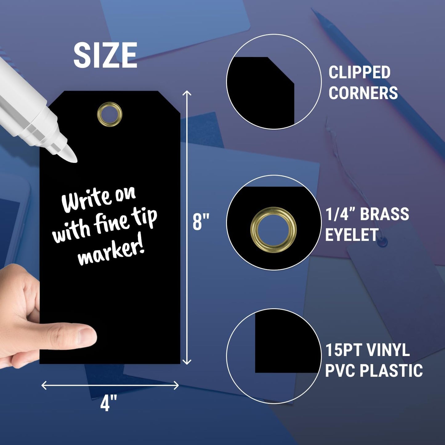 Tags 4 Less 15 Mil Waterproof Plastic Tags, Pack of 100 – 4” x 8” Heavy Duty Plastic Tags for Labeling, Outdoor Tagging, Equipment Labeling, Luggage, Valves & More (Black)