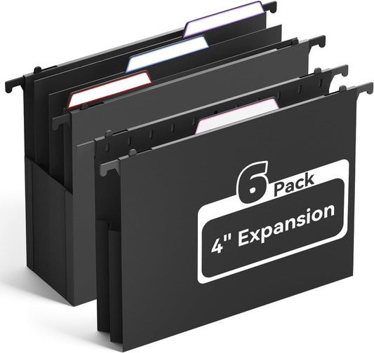 Ansook Plastic High Capacity Hanging File Folders,Heavy Duty 4”Expansion Accordian Pocket,Staggered Tabs with Movable Dividers, Extra Wide,Letter Size,Hanging Organizer for Filing Cabinet,6 Pack,Black