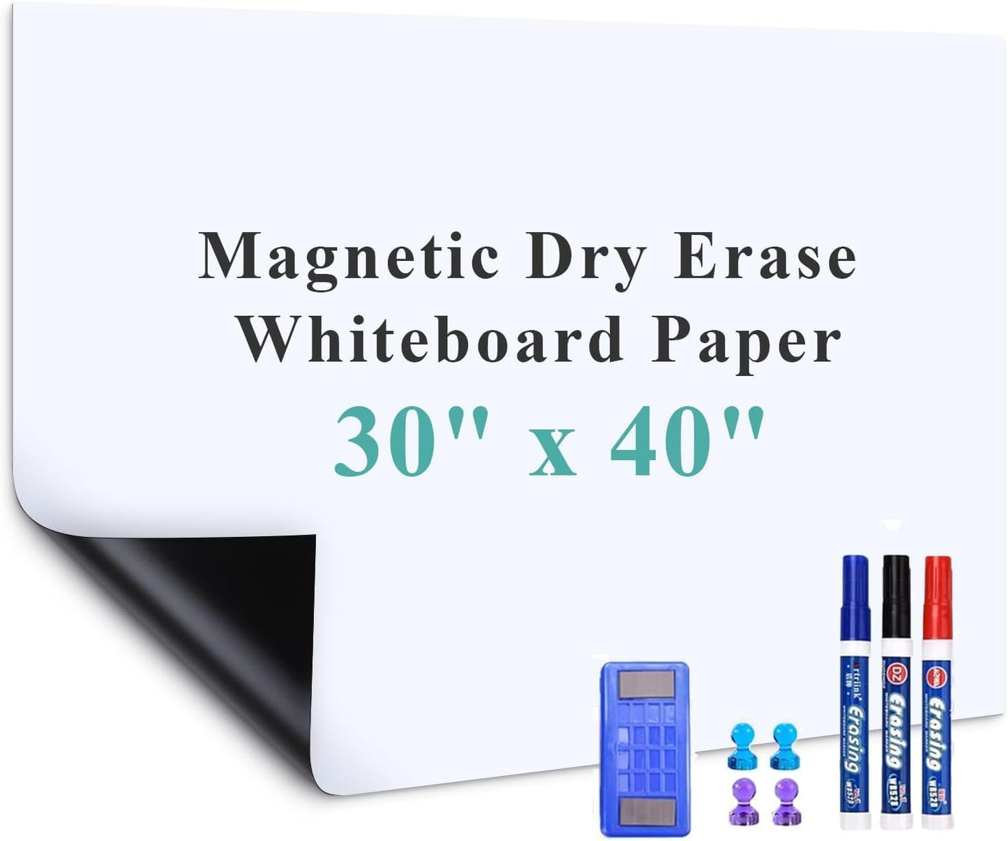 Magnetic Dry Erase Whiteboard Paper, 40" x 30" Adhesive White Board Roll for Wall, Easy to Write and Clean Dry Erase Magnetic Board for Kids, Office, Home, with Marker, Eraser and Magnets