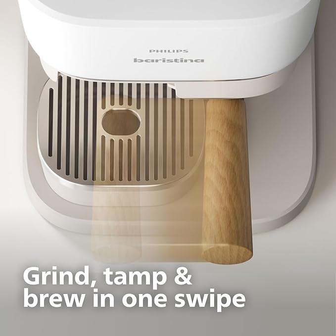 Philips Baristina Espresso Machine, Grind, Tamp & Brew Coffee Beans in One Swipe, Compact, 16 Bar Pump Pressure, Automatic Grinder, Natural White with Ash Wood Portafilter (BAR302/20)