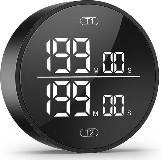 Dual Digital Kitchen Timer for Cooking, 199 Minutes Countdown & Stopwatch, Productivity Timer for Fridge, Big Digits, High-Definition Display, Rotary Adjustment, 3 Volumes, 2 Brightness Levels, Black