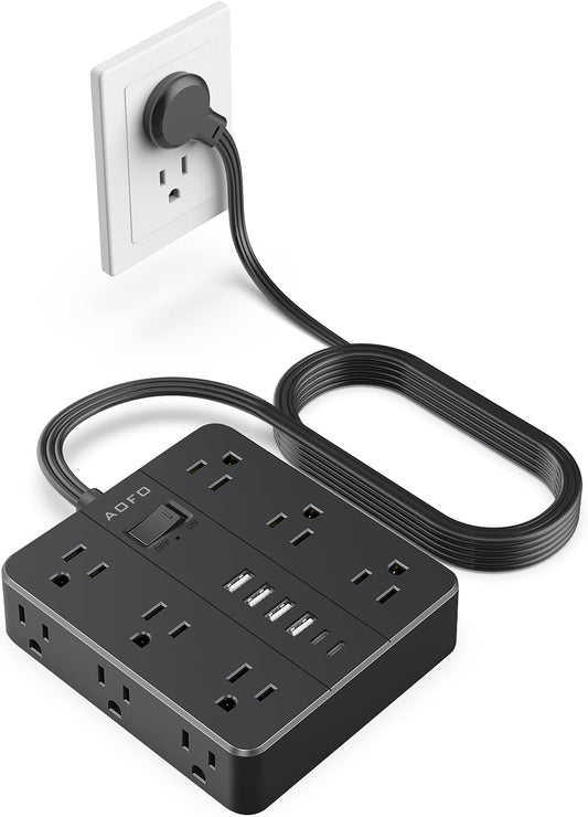 10FT Surge Protector Power Strip,12 AC Outlets with 6 USB Ports (2 USB-C), Flat Plug Extension Cord with Multiple Outlets, Wall Mount for Home Office,Dorm,Black