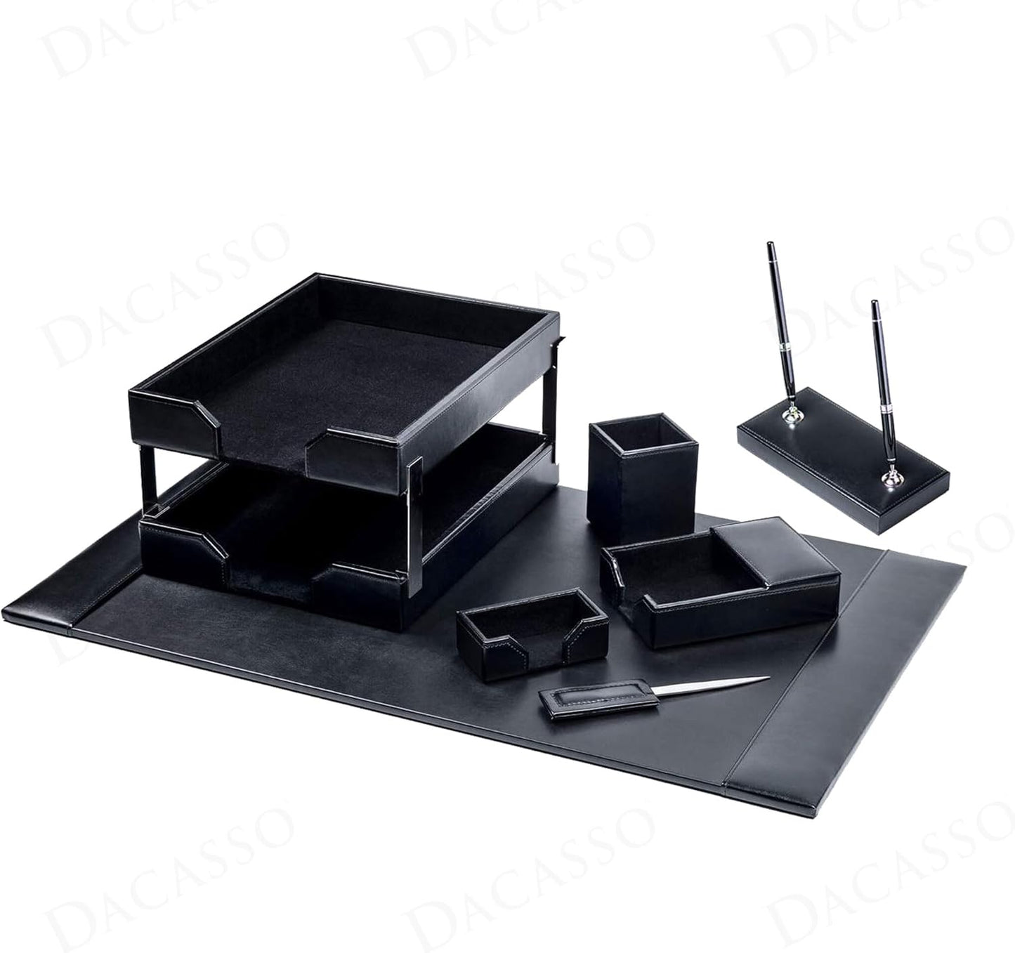 Dacasso Black Bonded Leather Luxury 9 Piece Desk Set - Blotter Pad & Desk Mat Organization Essentials - Executive Decor and Surface Protector